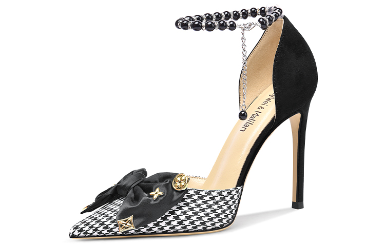 (Women) Lily Wei Pointed Toe Houndstooth Stiletto with Pearl Chain 'Black Velvet' NN-259
