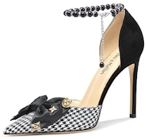 (Women) Lily Wei Pointed Toe Houndstooth Stiletto with Pearl Chain 'Black Velvet' NN-259 (Women) Lily Wei Pointed Toe Houndstooth Stiletto with Pearl Chain 'Black Velvet' NN-259