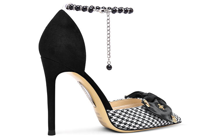 Order (W) (レディース) リリィ・ウェイ ポインテッドトゥ千鳥格子ヒール パールチェーン 'ブラックベルベット' NN-259 NN-259