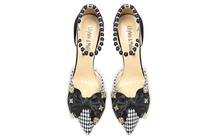 Lookbook (W) (レディース) リリィ・ウェイ ポインテッドトゥ千鳥格子ヒール パールチェーン 'ブラックベルベット' NN-259 NN-259