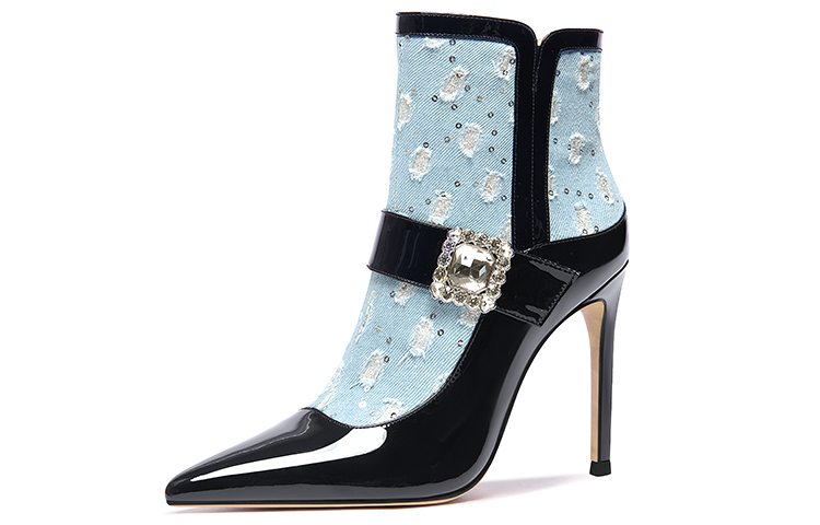(Women) Lily Wei Pointed Toe Stiletto Rhinestone Color-Block Side Zip Ankle Boots 'Blue' X-060