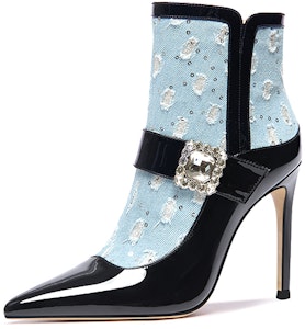 (W) リリーウェイ 尖頭ラインストーンカラーブロックアンクルブーツ (青) X-060 Buy (W) リリーウェイ 尖頭ラインストーンカラーブロックアンクルブーツ (青) X-060