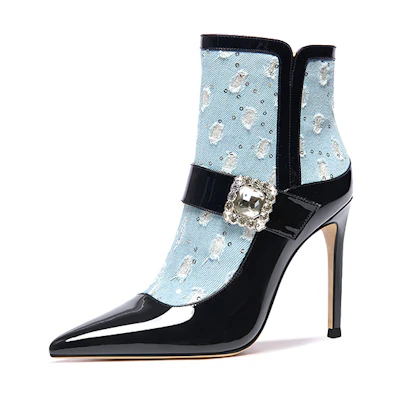 (W) Lily Wei Pointed Toe Stiletto Rhinestone Color-Block Side Zip Ankle Boots 'Blue'