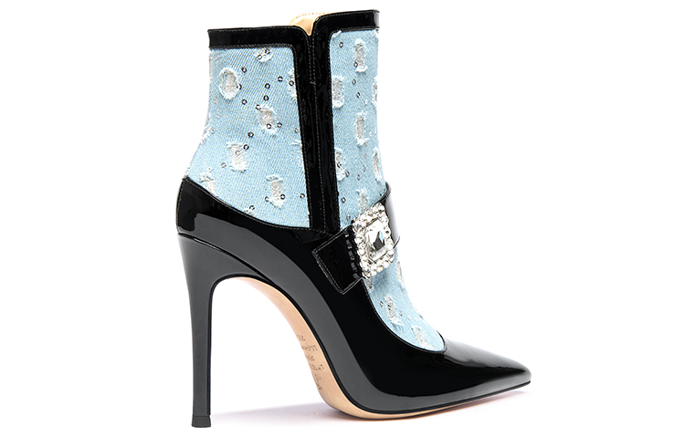 Order (W) 莉莉蔚蓝色拼色尖头细跟水钻侧拉链踝靴 X-060