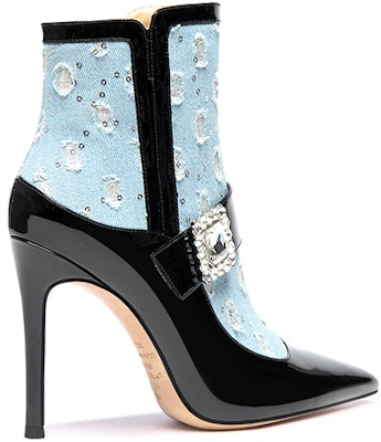 (Women) Lily Wei Pointed Toe Stiletto Rhinestone Color-Block Side Zip Ankle Boots 'Blue' X-060 Order (Women) Lily Wei Pointed Toe Stiletto Rhinestone Color-Block Side Zip Ankle Boots 'Blue' X-060
