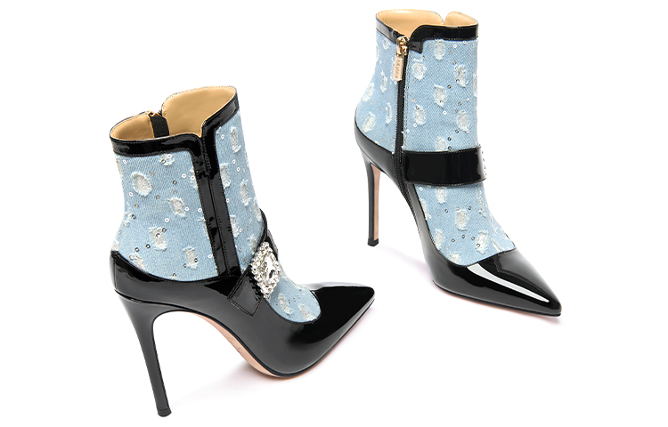 Sizing (W) 莉莉蔚蓝色拼色尖头细跟水钻侧拉链踝靴 X-060