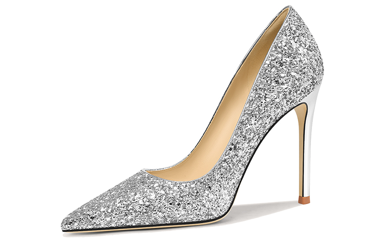 (Women) Lily Wei PU High Heels 10cm 'Silver Sequin Slip-On Stiletto' NN-056