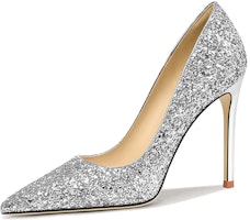 (Women) Lily Wei PU High Heels 10cm 'Silver Sequin Slip-On Stiletto' NN-056 (Women) Lily Wei PU High Heels 10cm 'Silver Sequin Slip-On Stiletto' NN-056