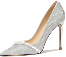 (Women) Lily Wei PU Pointed Toe Pearl Stiletto Slip-On Heels 'Silver Sparkle' NN-064 (Women) Lily Wei PU Pointed Toe Pearl Stiletto Slip-On Heels 'Silver Sparkle' NN-064