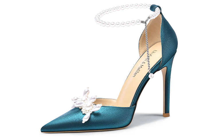 Buy Lily Wei 織物綢緞珍珠串珠一字式扣帶高跟鞋 女款 孔雀藍