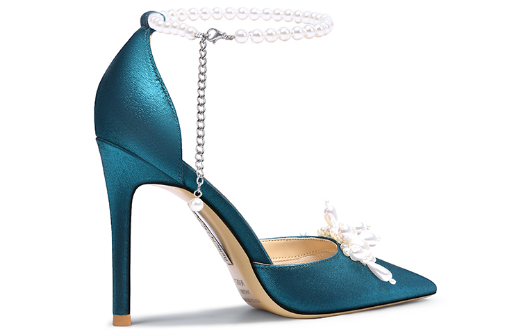 Order Lily Wei 織物綢緞珍珠串珠一字式扣帶高跟鞋 女款 孔雀藍