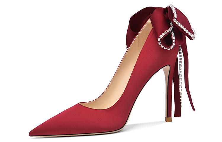 (Women) Lily Wei Satin Crystal Bow Mule Heels 'Qing Guo Red' NN-180