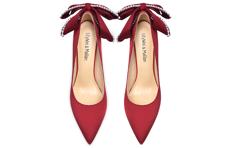 Lookbook (Women) Lily Wei Satin Crystal Bow Mule Heels 'Qing Guo Red' NN-180