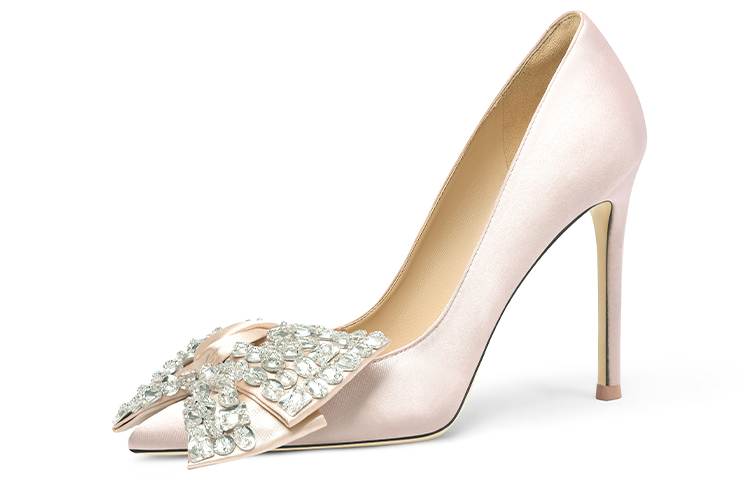 (Women) Lily Wei Satin High Heel Slip-On 'Champagne Pink Crystal Bow' NN-119