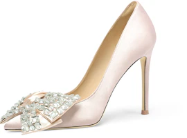 (Women) Lily Wei Satin High Heel Slip-On 'Champagne Pink Crystal Bow' NN-119 (Women) Lily Wei Satin High Heel Slip-On 'Champagne Pink Crystal Bow' NN-119