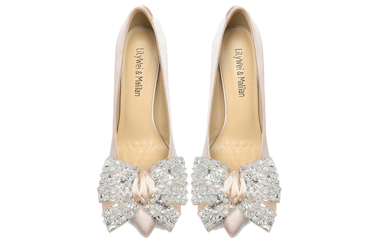 Lookbook (W) Lily Wei Satin Tumit Tinggi Slip-On 'Champagne Pink Crystal Bow' NN-119