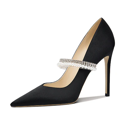 (W) Lily Wei Satin Rhinestone Pearl Mule Heels 'Black'