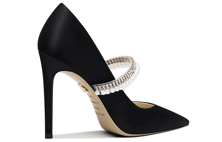 Order (W) Sepatu Hak Mules Satin Mutiara Berlian Lily Wei 'Hitam' NN-388