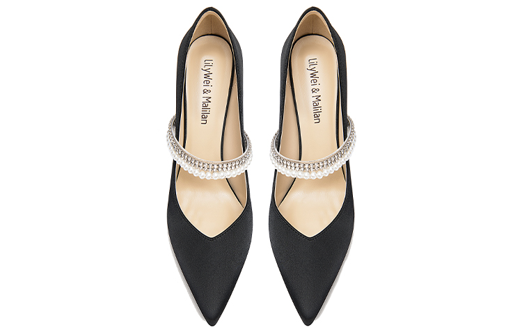 Lookbook (W) Sepatu Hak Mules Satin Mutiara Berlian Lily Wei 'Hitam' NN-388