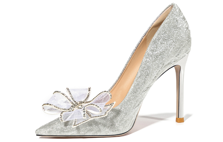 (Women) Lily Wei Silver Bowknot Rhinestone Pointed Toe High Heels 10cm Stiletto Heel Silver single shoes 094 size 10.