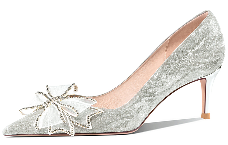 (Women) Lily Wei Silver Crystal Bow Wedding Heels 6cm, Romantic Galaxy, Gift Box. Silver Single Shoes 094, Size 6