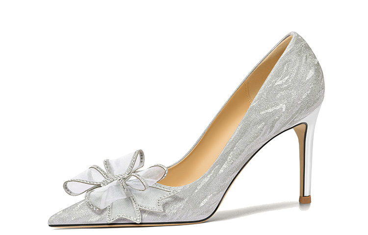 (Women) Lily Wei Silver Rhinestone Bow Pointed Toe 8cm Comfortable Wedding Heels. Single Shoes 094 Silver Size 8