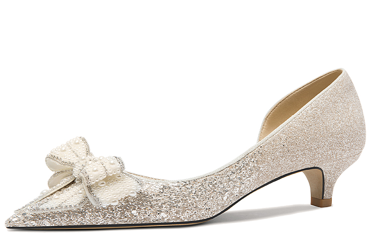 (Women) Lily Wei Slingback Pumps 'Champagne Gold Pearl Bow' NN-129