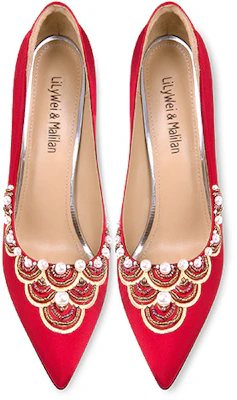 Lily Wei 布料 珍珠繡花懶人鞋 細高跟 女款 紅色 Lookbook Lily Wei 布料 珍珠繡花懶人鞋 細高跟 女款 紅色