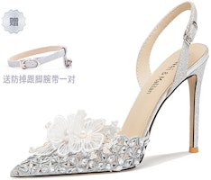 (Women) Lily Wei Slip-On 'Silver Floral Cut-Out Stiletto' NN-337 (Women) Lily Wei Slip-On 'Silver Floral Cut-Out Stiletto' NN-337