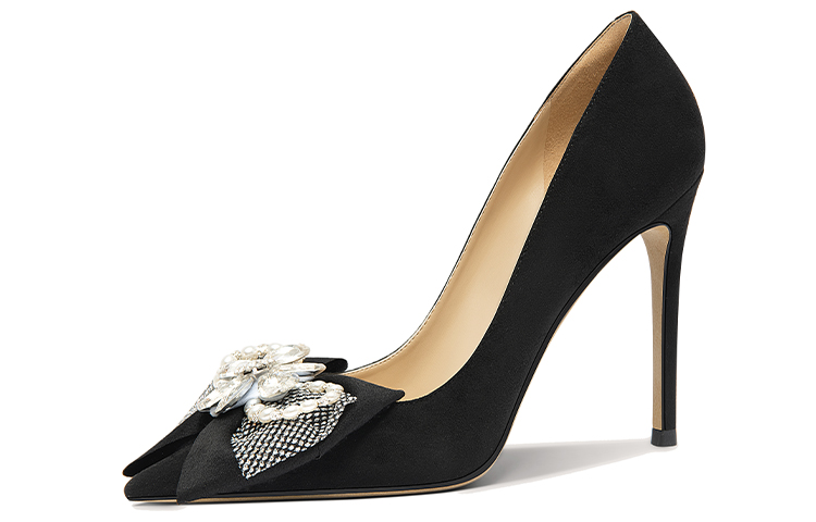 (Women) Lily Wei Slip-On Heels 'Black Suede-Diamond Pearl Bow' NN-521