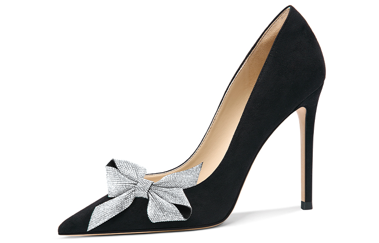 (Women) Lily Wei Slip-On Heels 'Black Suede with Rhinestone Bow' NN-543