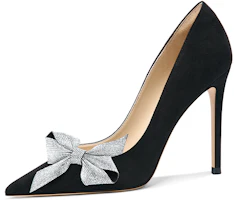 (Women) Lily Wei Slip-On Heels 'Black Suede with Rhinestone Bow' NN-543 (Women) Lily Wei Slip-On Heels 'Black Suede with Rhinestone Bow' NN-543
