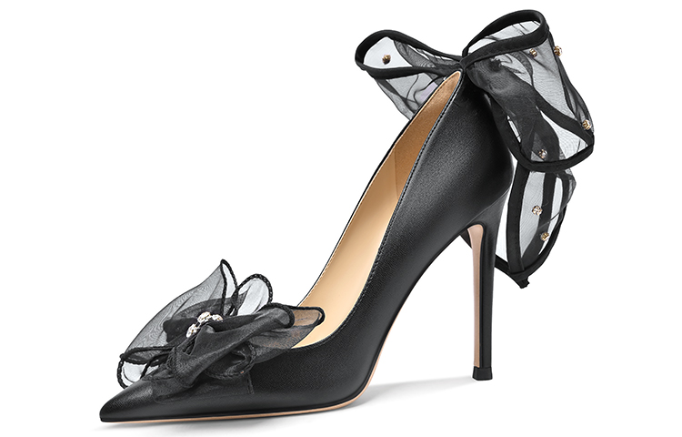 (W) Lily Wei Slip-On High Heels 'Black Diamond Ribbon Bow'