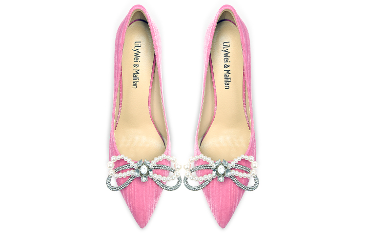 Lookbook (W) Lily Wei Kasut Tumit Tinggi Slip-On 'Pita Kupu-kupu Merah Jambu dengan Manik' NN-159