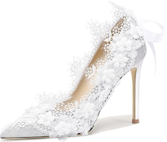 (Women) Lily Wei Slip-On High Heels 'Silver Floral Pearl' NN-121 (Women) Lily Wei Slip-On High Heels 'Silver Floral Pearl' NN-121