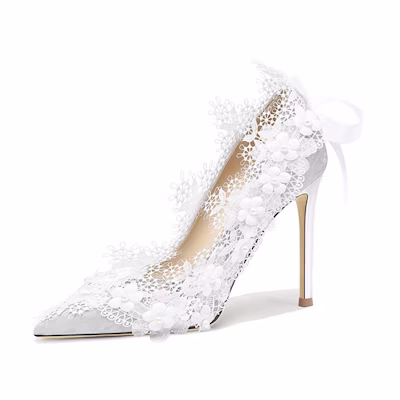 (W) Lily Wei Slip-On High Heels 'Silver Floral Pearl'