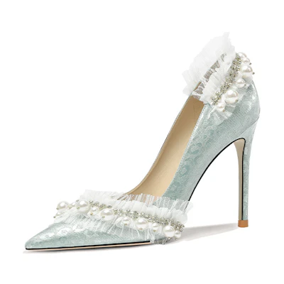 (W) Lily Wei Stiletto 'Aquamarine Lace and Pearl'