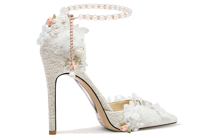 Order Lily Wei 桔梗少女 織物 羽毛花朵珍珠搭扣 細跟 高跟鞋 10cm 女款 白色