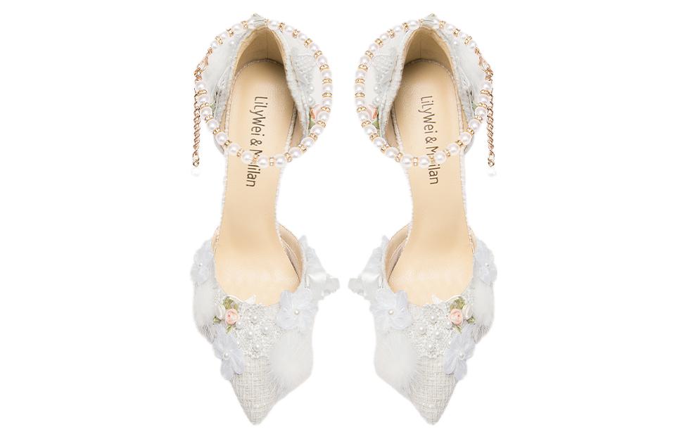 Lookbook Lily Wei 桔梗少女 織物 羽毛花朵珍珠搭扣 細跟 高跟鞋 10cm 女款 白色