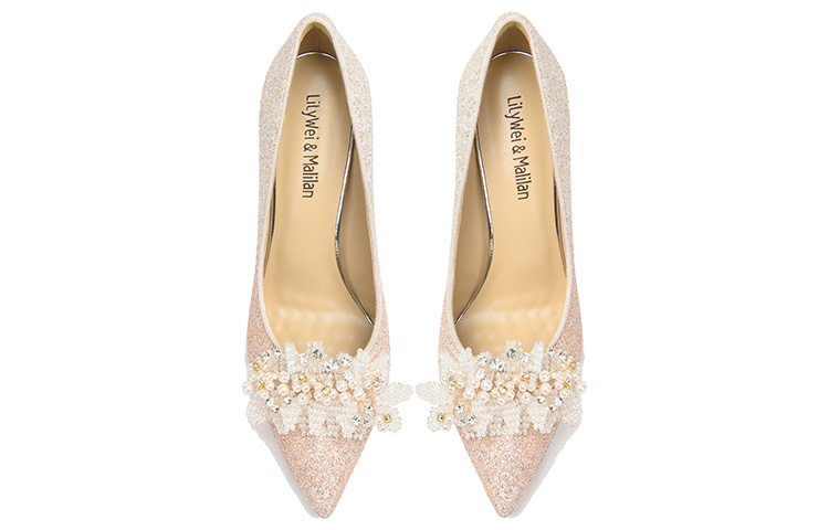 Lookbook Lily Wei 未央 PU 水鑽珍珠尖頭套腳 細跟 高跟鞋 10cm 女款 粉色漸變