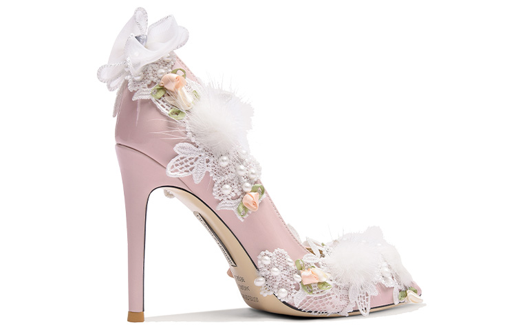 Order Lily Wei 超纖皮 珍珠花朵蝴蝶結踏鞋 細跟 高跟鞋 10cm 女式 粉色