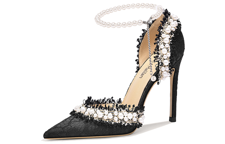 Buy 莉莉韋 墨竹 超纖皮 珍珠碎花 細跟 高跟鞋 10cm 女款 黑色