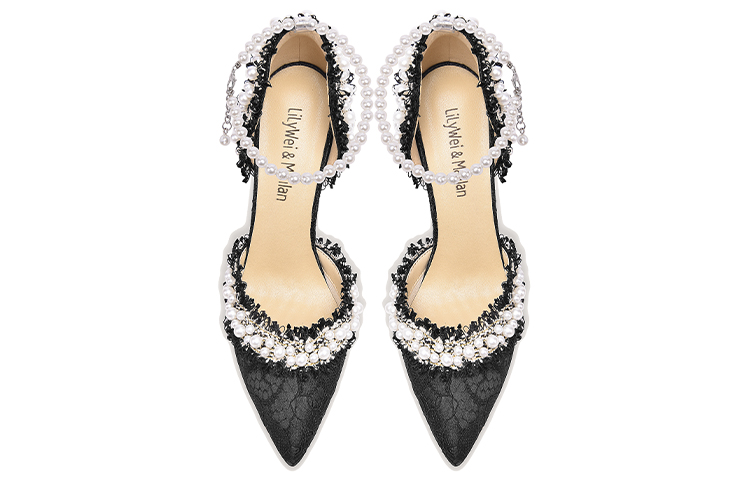 Lookbook 莉莉韋 墨竹 超纖皮 珍珠碎花 細跟 高跟鞋 10cm 女款 黑色