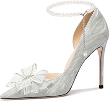 (Women) Lily Wei Stiletto Heels 'Silver Pearl Crystal Bow' NN-548-a (Women) Lily Wei Stiletto Heels 'Silver Pearl Crystal Bow' NN-548-a