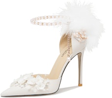 (Women) Lily Wei Stiletto High Heels 10cm in White 'Bai Qian Floral Pearl Buckle' NN-405 (Women) Lily Wei Stiletto High Heels 10cm in White 'Bai Qian Floral Pearl Buckle' NN-405