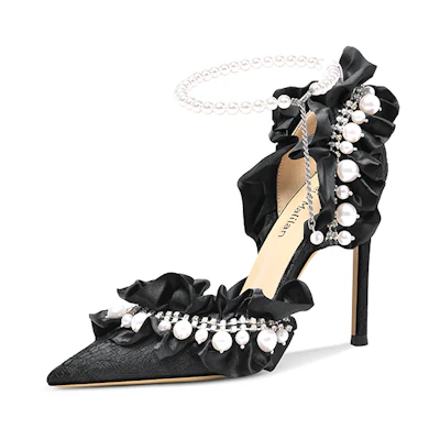 (W) Lily Wei Stiletto High Heels 'Pearl Ribbon Black'