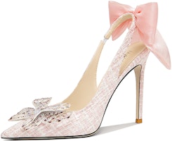 (Women) Lily Wei Stiletto High Heels 'Pink Satin Ribbon and Rhinestone Bow' NN-349 (Women) Lily Wei Stiletto High Heels 'Pink Satin Ribbon and Rhinestone Bow' NN-349