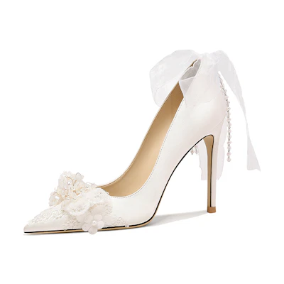 (W) Lily Wei Stiletto High Heels 'Pure White Memories with Ribbon Bow'