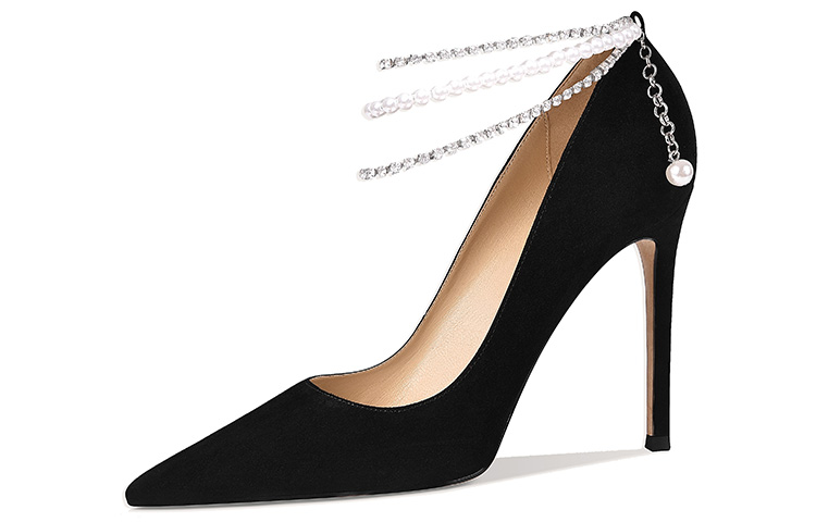 (W) Lily Wei Stiletto High Heels 'Removable Pearl Rhinestone Chain Black'