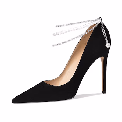 (W) Lily Wei Stiletto High Heels 'Removable Pearl Rhinestone Chain Black'